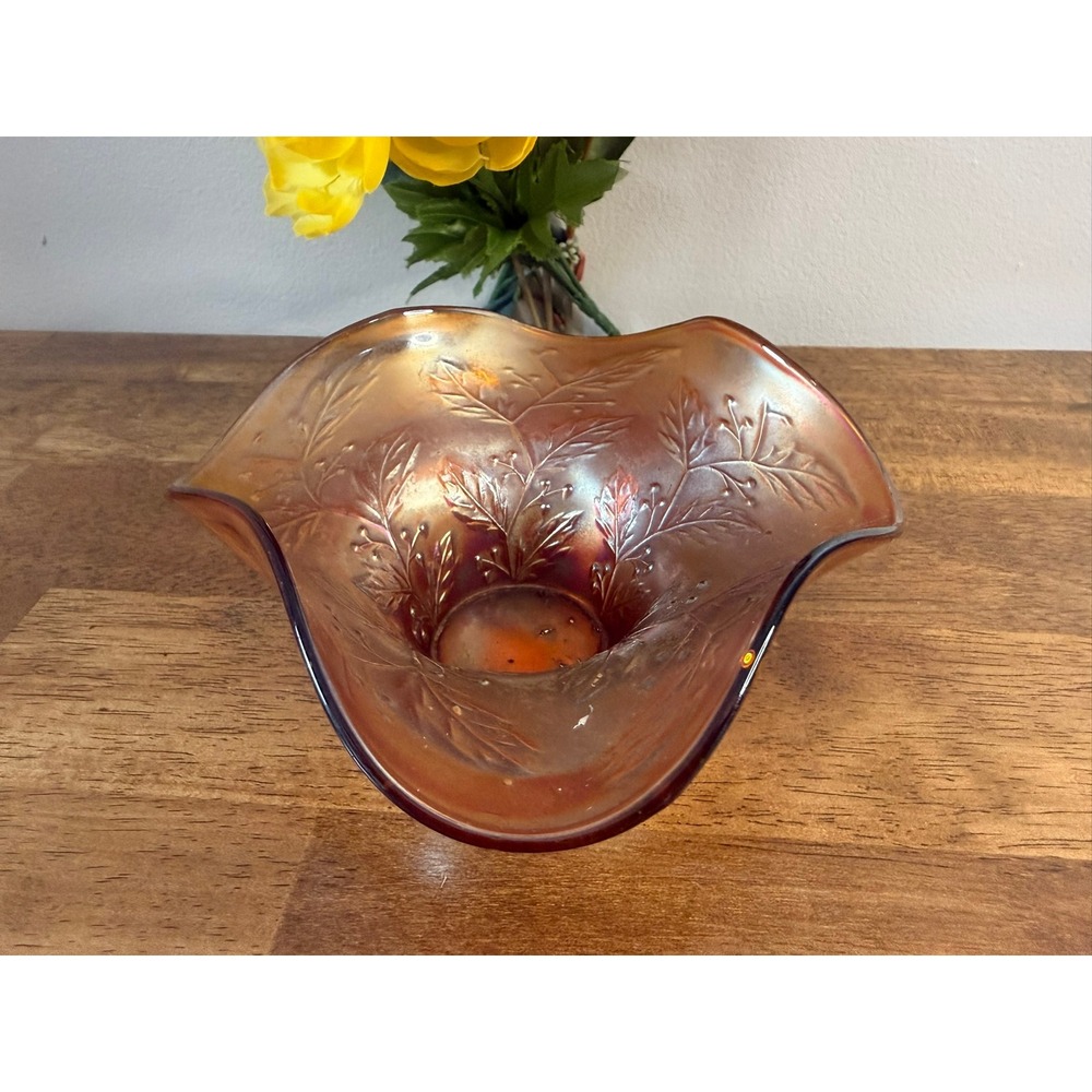 Vintage Marigold Carnival Glass Tri Corner Floral Bowl Epergne Base Iridescent